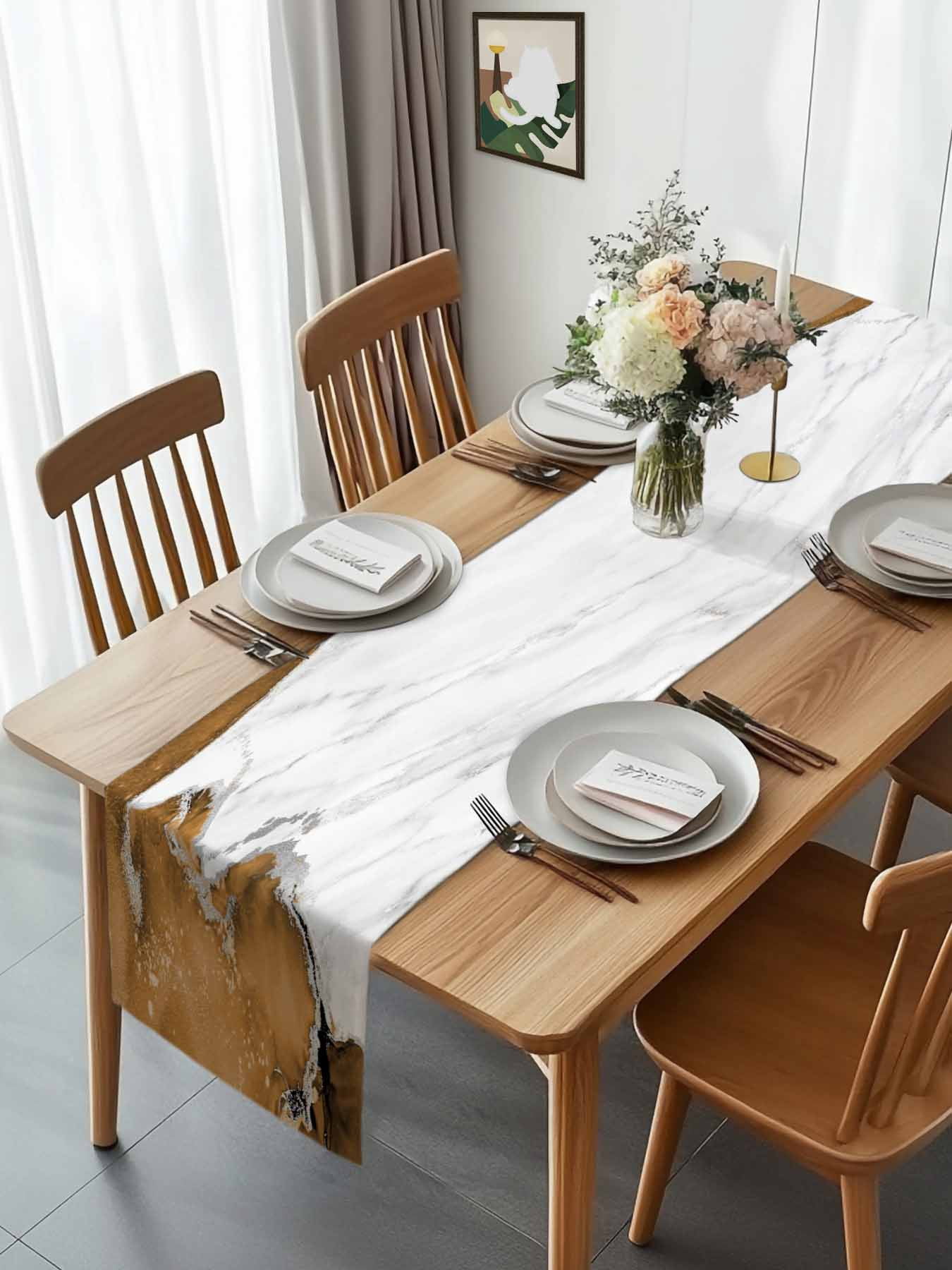 Kitchen Table Runner 90 Inches Long, Modern Marble Style Cotton Linen Table Runners for Dining Tables Home Holiday Party Wedding, White Grey Yellow Stone Texture Tabletop Scarf