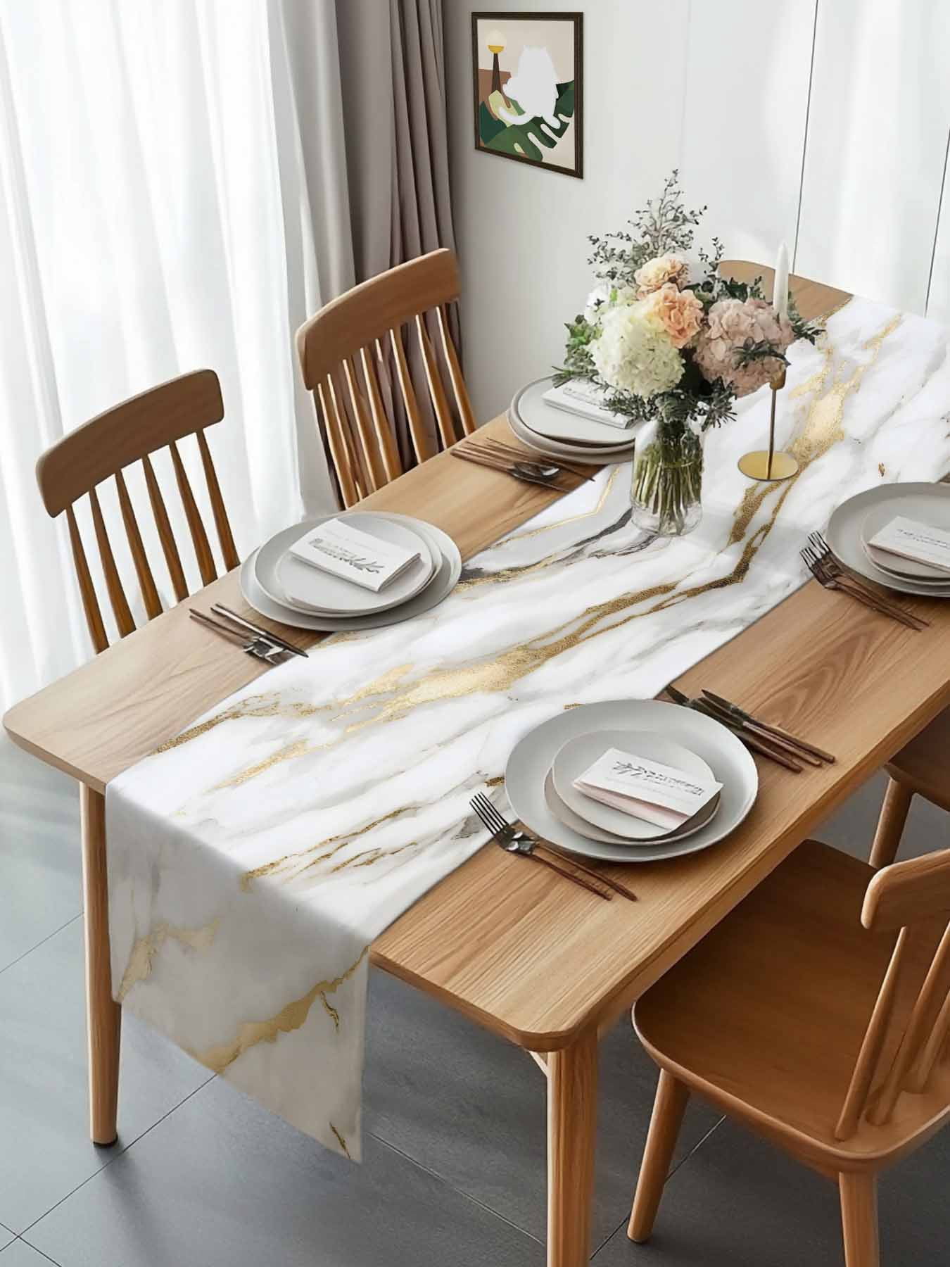 Kitchen Table Runner 90 Inches Long, Modern Simple Marble Texture Cotton Linen Table Runners for Dining Tables Home Holiday Party Wedding, Abstract Golden Veins Tabletop Scarf