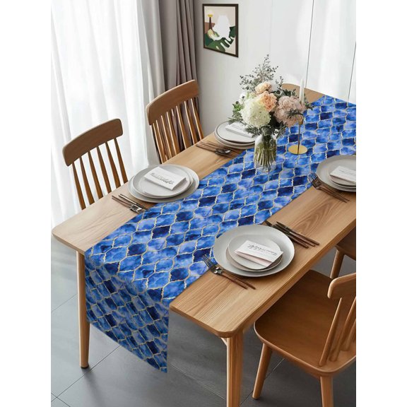 Kitchen Table Runner 90 Inches Long, Moroccan Blue Gradient Lattice Cotton Linen Table Runners for Dining Tables Home Holiday Party Wedding, Concave Tiled Watercolor Tabletop Scarf