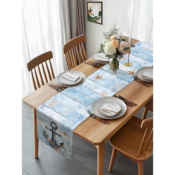 Kitchen Table Runner 90 Inches Long, Nautical Anchor Starfish Coral Cotton Linen Table Runners for Dining Tables Home Holiday Party Wedding, Summer Coastal Nautical Theme Tabletop Scarf