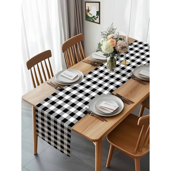 Kitchen Table Runner 90 Inches Long, Pastoral Black White Gray Plaid Cotton Linen Table Runners for Dining Tables Home Holiday Party Wedding, Retro Country Grid Tabletop Scarf