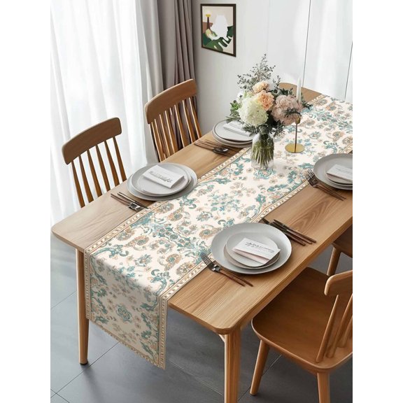 Kitchen Table Runner 90 Inches Long, Retro Bohemia Tribal Flower Border Cotton Linen Table Runners for Dining Tables Home Holiday Party Wedding, Western Farmhouse Tabletop Scarf