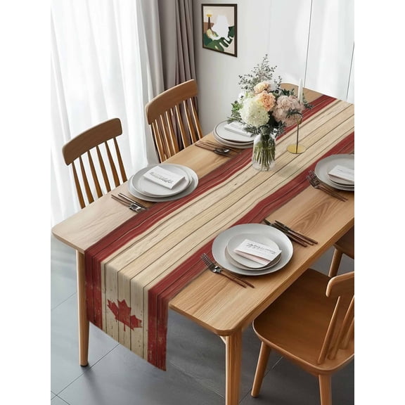 Kitchen Table Runner 90 Inches Long, Retro Wooden Stripes Maple Leafs Cotton Linen Table Runners for Dining Tables Home Holiday Party Wedding, Country Red Brown Plank Tabletop Scarf