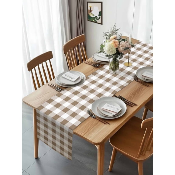 Kitchen Table Runner 90 Inches Long, Rural Country Beige White Buffalo Tartan Plaid Cotton Linen Table Runners for Dining Tables Home Holiday Party Wedding, Minimalist Checkered Tabletop Scarf