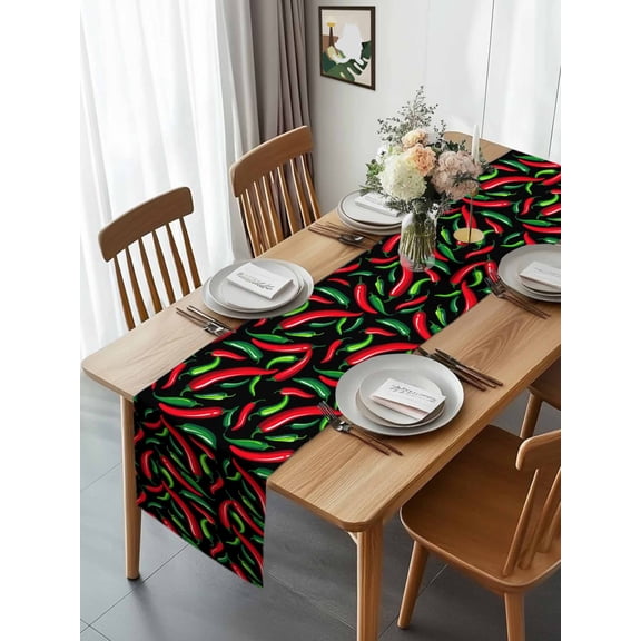 Kitchen Table Runner 90 Inches Long, Spicy Chili Pepper Pattern Cotton Linen Table Runners for Dining Tables Home Holiday Party Wedding, Red Green Peppers on Black Tabletop Scarf