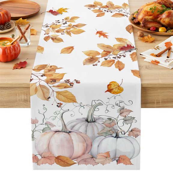 Kitchen Table Runner 90 Inches Long, Thanksgiving Fall Farmhouse Pumpkins Cotton Linen Table Runners for Dining Tables Home Holiday Party Wedding, Autumn Branches Leaves Tabletop Scarf