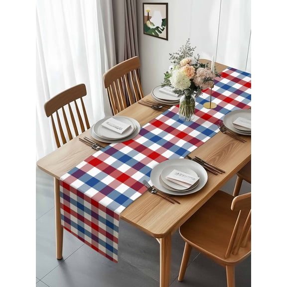 Kitchen Table Runner 90 Inches Long, Vintage Red Blue White Checker Cotton Linen Table Runners for Dining Tables Home Holiday Party Wedding, Independence Day Tabletop Scarf
