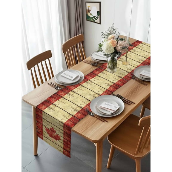 Kitchen Table Runner 90 Inches Long, Vintage Wooden Stripes Maple Leaf Cotton Linen Table Runners for Dining Tables Home Holiday Party Wedding, Country Red Brown Plank Tabletop Scarf