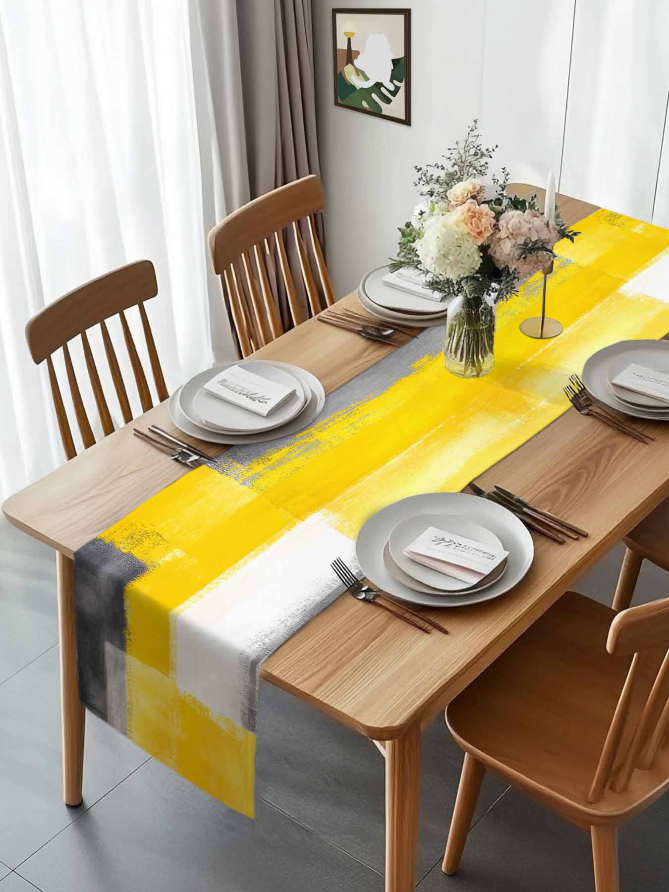 Kitchen Table Runner 90 Inches Long, Vintage Yellow Black White Grey Cotton Linen Table Runners for Dining Tables Home Holiday Party Wedding, Abstract Texture Tabletop Scarf
