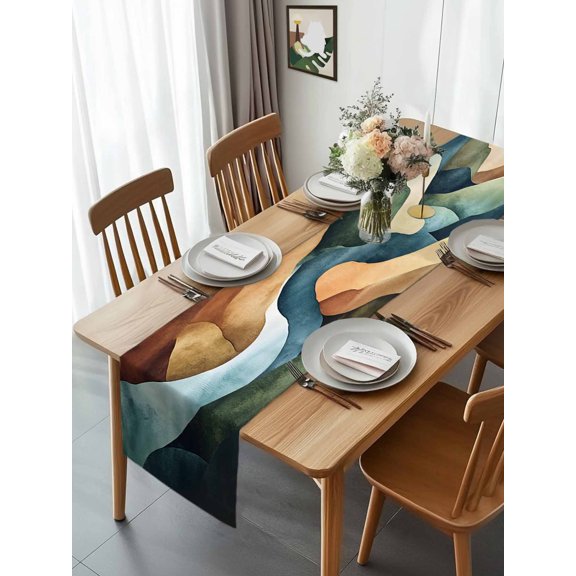 Kitchen Table Runner 90 Inches Long, Watercolor Mountain River Landscape Cotton Linen Table Runners for Dining Tables Home Holiday Party Wedding, Abstract Colorful Stripe Tabletop Scarf