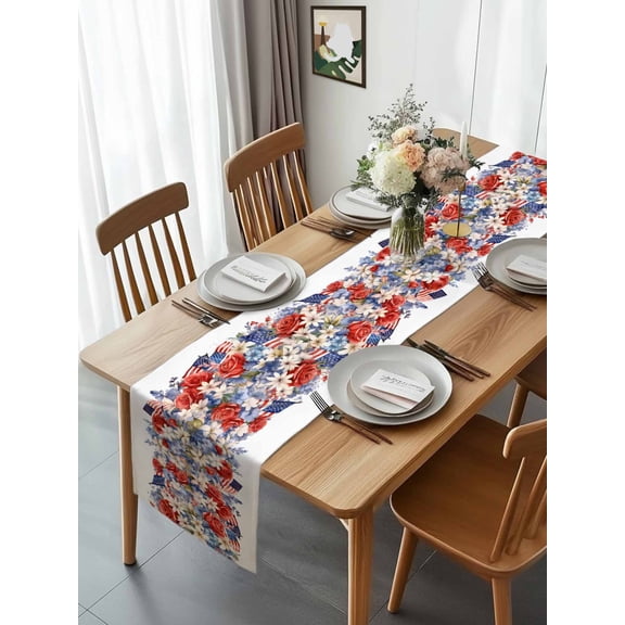 Kitchen Table Runner 90 Inches Long, Watercolor Red Blue White Floral Cotton Linen Table Runners for Dining Tables Home Holiday Party Wedding, Independence Day American Flag Tabletop Scarf