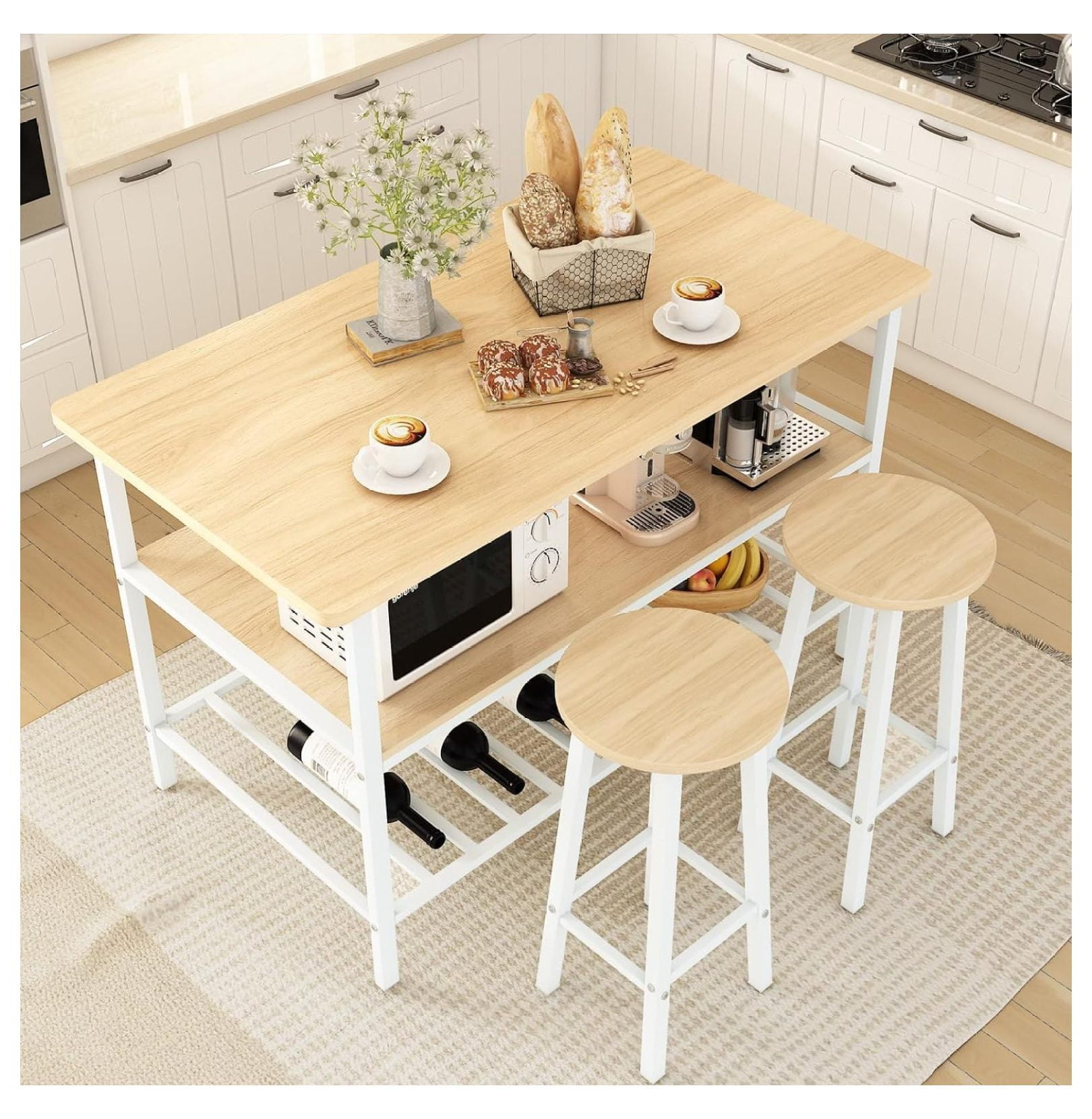 Kitchen Table Set for 2 Kitchen Island with Seating and Storage Island Table for Kitchen with 3 Shelves Wooden Counter Height Table and Chairs Set 3 Piece Bar Table Set for Small Space Beige