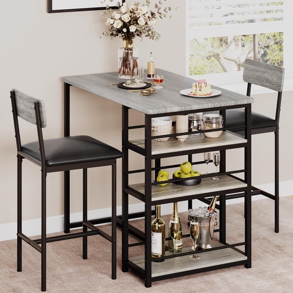 Kitchen Table Set, Dining Table and Chairs for 2, 3Pcs Dining Room Table Set with 2 Upholstered Chairs, Bar Dining Table Set for Small Spaces, Apartment, Breakfast, Pub, Rustic Gray