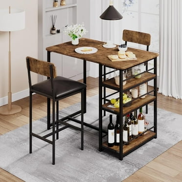 Kitchen Table Set Dining Table and Chairs for 2 with Storage Shelf Dining Room Table Set with 2 Upholstered Chairs Bar Dining Table Set for Small Spaces Apartment Rustic Brown