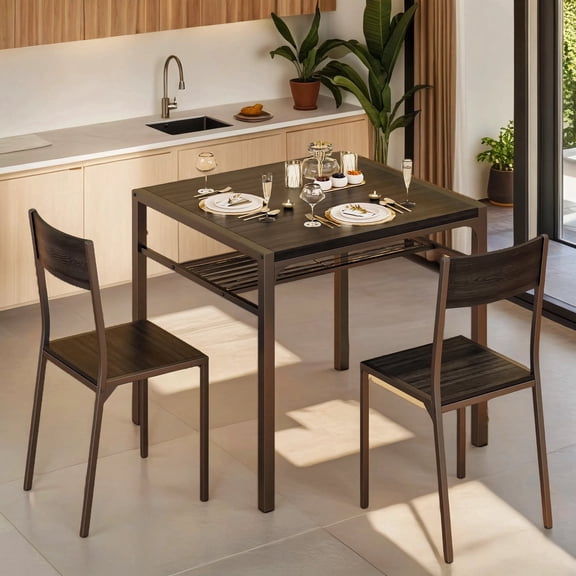 Dining Table Set for 2, Lofka Kitchen Table with Storage Rack and Middle Back Chairs for Small Spaces, Black