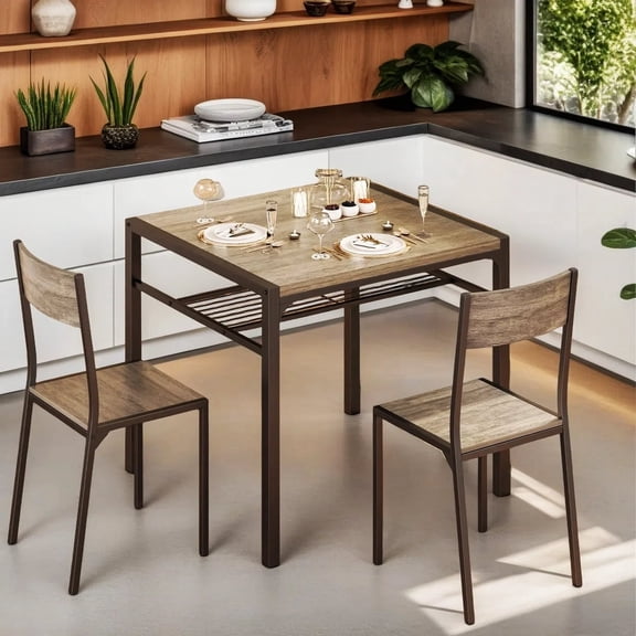 Kitchen Table and Chairs Set for 2, Lofka Dining Table with Storage Rack for Storing Tissues and Cups, 300lbs, Gray