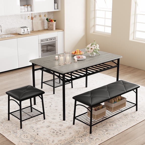 Kitchen Table Set for 4 with Upholstered Bench and Stools, Wood Top and Metal Frame, Compact Space Saving Dining Set