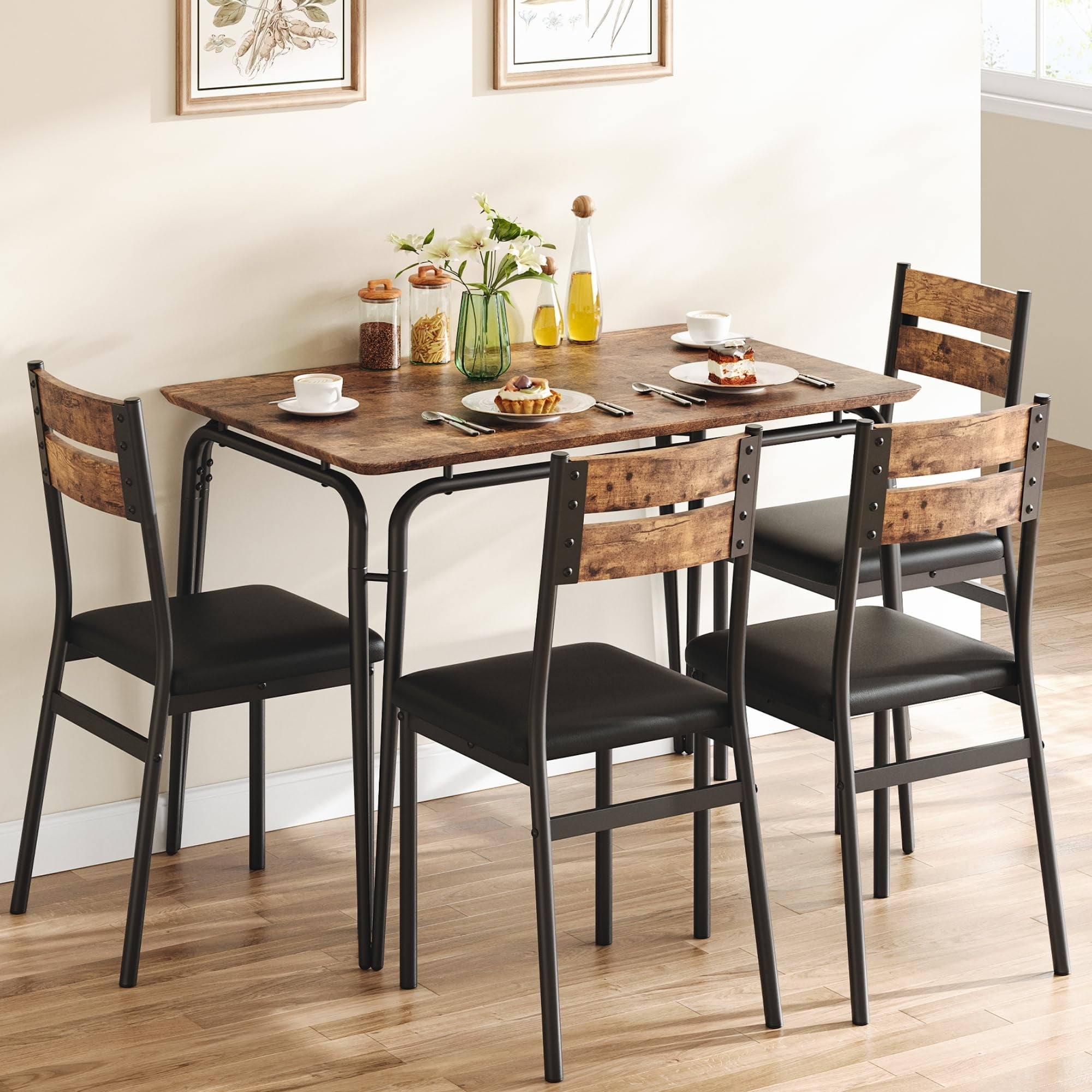 Kitchen Table and Upholstered Chairs for 4,Modern Wood Small Dining