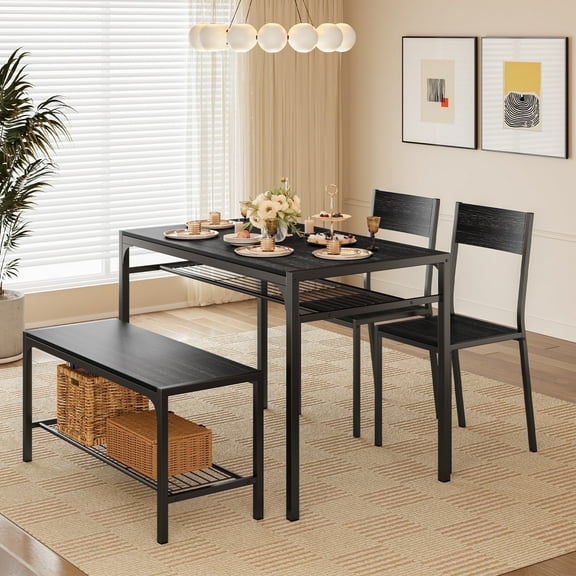 Asofer 4 Piece Dining Table with 2 Chairs and Bench for Kitchen, Table Set with Storage Rack, Small Space, Black