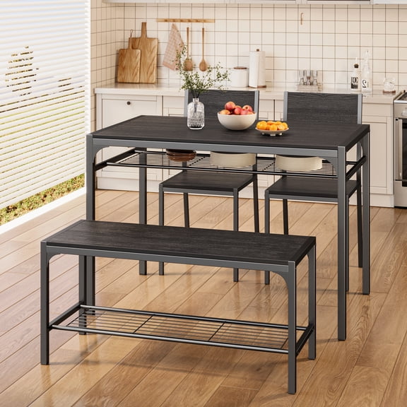 Asofer 4 Piece Dining Table Set for 4 with 2 Chairs & Bench, Kitchen Table with Storage Rack, Space Saving Dining Set for Small Space, Apartment, Black