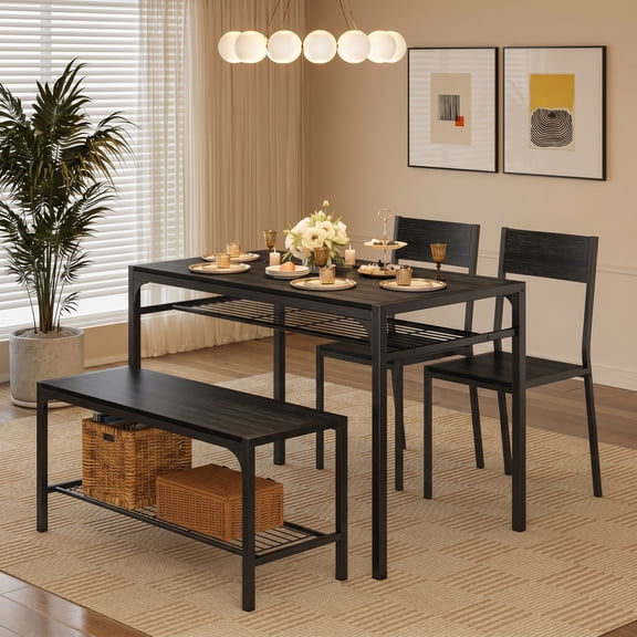 Asofer 4 Piece Dining Table Set for 4 with 2 Chairs & Bench, Kitchen Table with Storage Rack, Space Saving Dining Set for Small Space, Apartment, Black