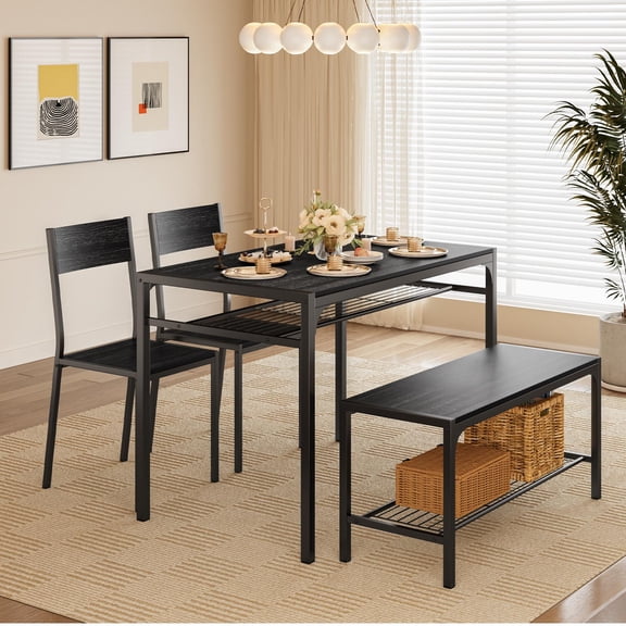 Asofer 4 Piece Dining Table Set for 4 with 2 Chairs & Bench, Kitchen Table with Storage Rack, Space Saving Dining Set for Small Space, Apartment, Black