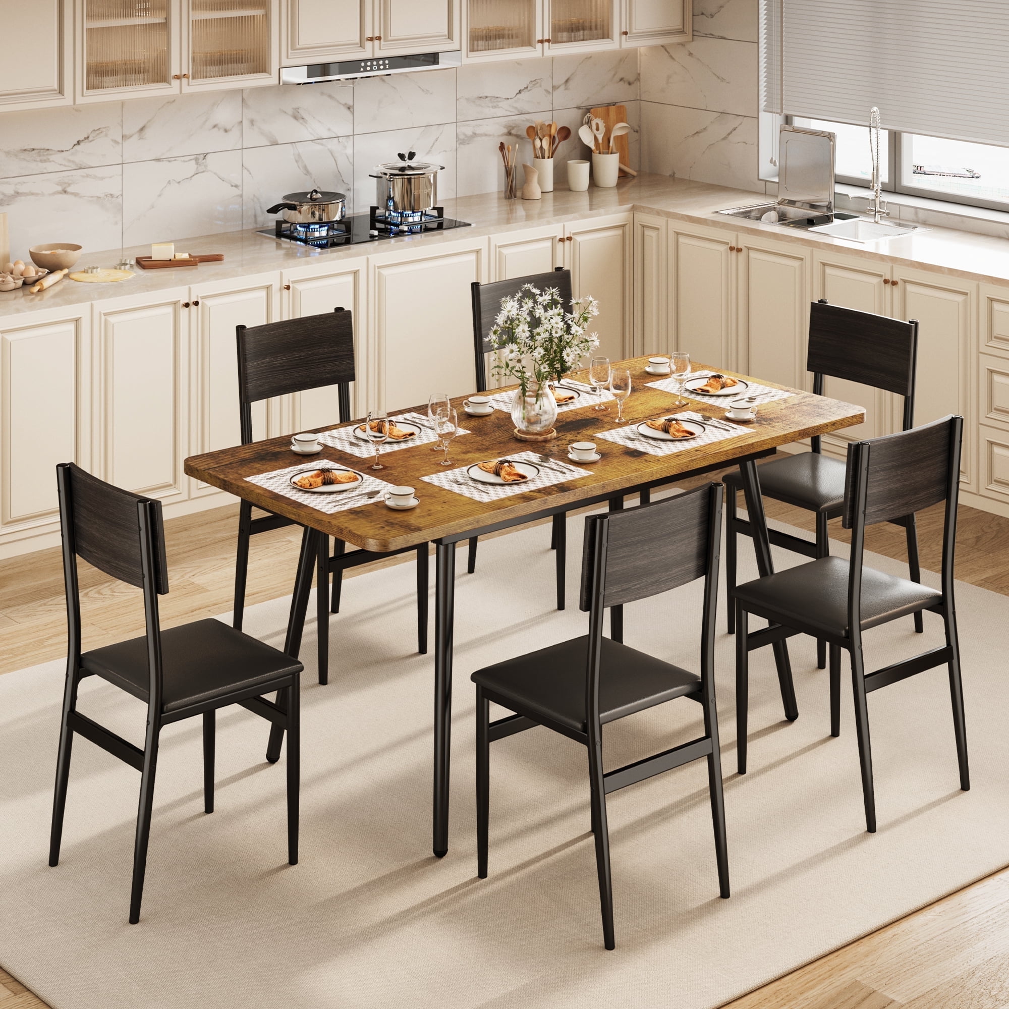 Lofka Dining Table Set for 4-6 People,63" Extendable Kitchen Table and ...