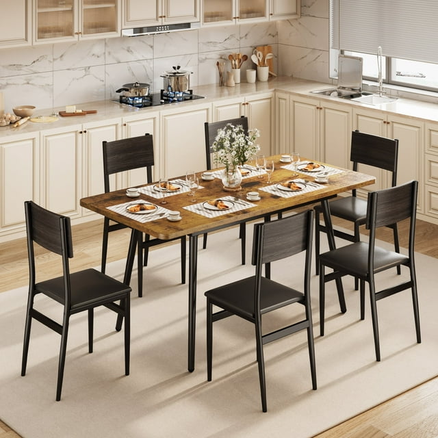 Lofka Dining Table Set for 4-6 People,63" Extendable Kitchen Table and Chairs with Storage Rack,Brown