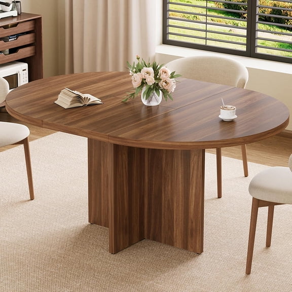 Kitchen Table for 4-8 People, Extendable Round Dining Room Table for Kitchen, 59 Inch Oval Table for Dining Room, Walnut(Table Only)