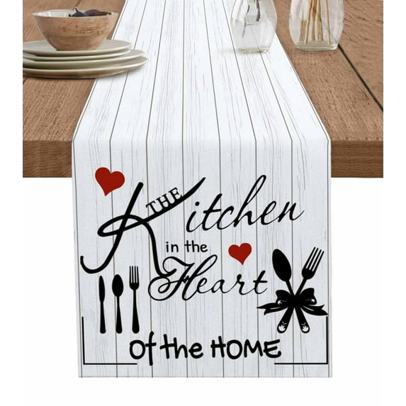 Kitchen Tableware Burlap Cotton Table Runner 13x120 Inches Long, Red Love Heart Black Words Vintage Farmhouse Table Runners, Outdoor Dining Tablecloths Decor for Baby Shower/Party/Wedding