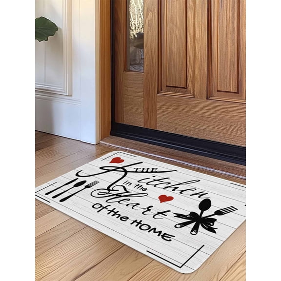 Kitchen Tableware Door Mat Indoor Outdoor Entrance,Non Slip Small Rug for Kitchen Bathroom Entryway Rug,Red Love Heart Black Words Vintage Washable Doormat Floor Mat for Office 16x24 Inch