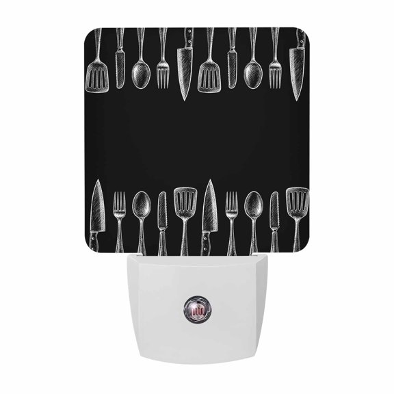 Kitchen Tableware LED Night Light, Modern Minimalist Black White Knives Forks Night Lights plug into Wall with Smart Sensor Dusk to Dawn Sensor for Nursery Bedroom 2.95x4.5in