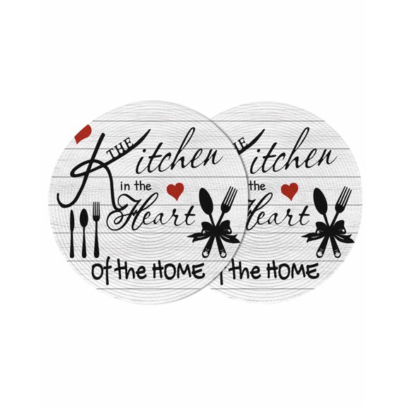 Kitchen Tableware Round Placemats Set of 2 for Dinning Tables,Heat-proof Braided Table Mats 13 Inch,Red Love Heart Black Words Vintage Washable Place Mat for Kitchen Restaurant Party Table Decor