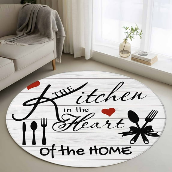 Kitchen Tableware Round Rug 3ft Washable Circle Entryway Rugs Non Slip Red Love Heart Black Words Vintage Area Rug Indoor Floor Carpet for Bedroom Kitchen Living Room Home Office Dining Room Nursery