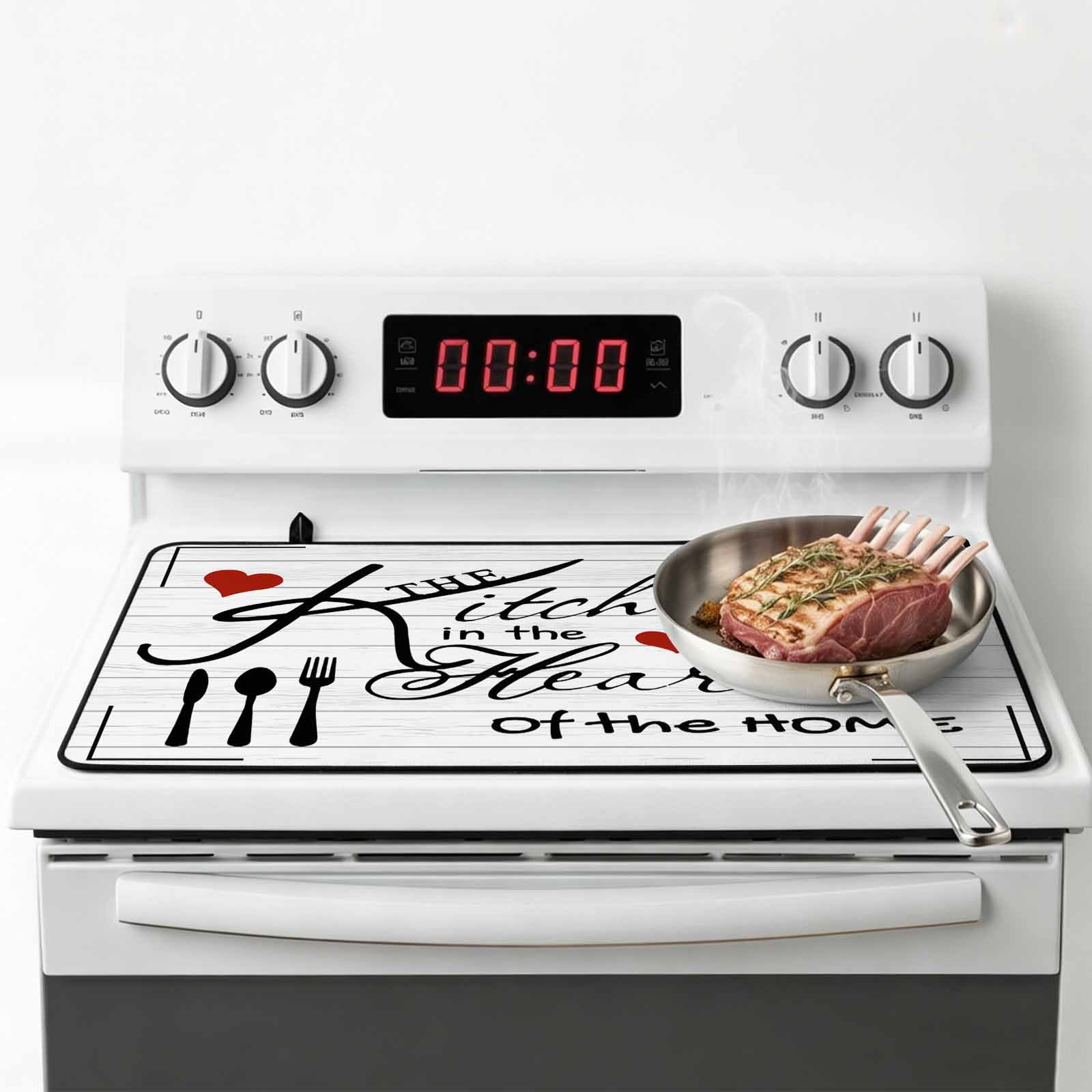 Kitchen Tableware Stove Top Cover for Electric Stove, Heat-proof & Non Slip Glass Top Stove Cover Protector, Red Love Heart Black Words Vintage Kitchen Flat Cooktop Rubber Mat 24x21 Inches