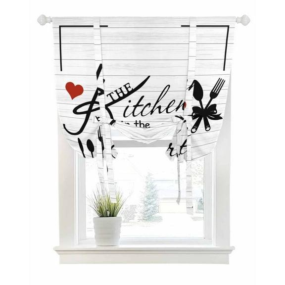 Kitchen Tableware Tie Up Curtains for Window, Thermal Insulated Balloon Shade Adjustable Rod Pocket Curtains Valance Panels for Kitchen Bathroom Cafe 34 x 45 Red Love Heart Black Words Vintage