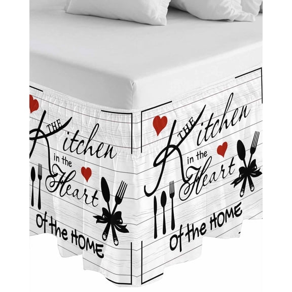 Kitchen Tableware Wrap Around Bed Skirts for Queen Bed 16" Drop,Bed Skirt with Adjustable Elastic Belt Dust Ruffle Bed Valance for Bedroom Hotel Red Love Heart Black Words Vintage Bed Frame Cover