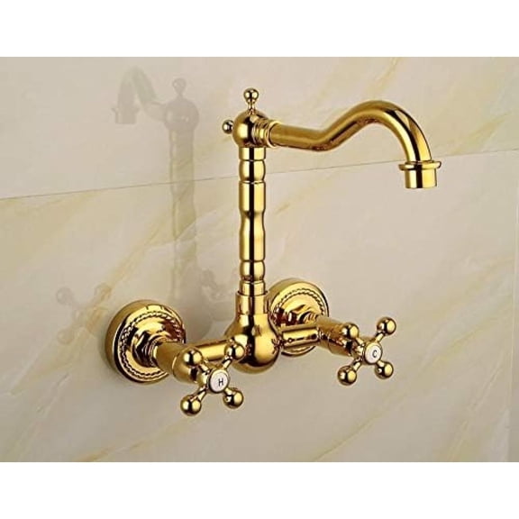 Kitchen Taps Retro Basin Faucet Gold Brass Double Handle Wall Mounted Bathroom Sink Faucet Hot Cold Tap in-Wall Bathroom