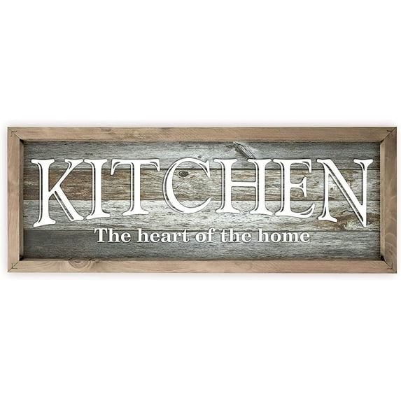 Kitchen The Heart Of The Home White Rustic Wood Wall Sign 12x36 (Gray with Frame)