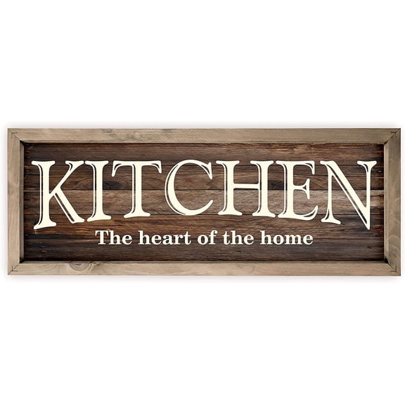 Kitchen The Heart Of The Home White Rustic Wood Wall Sign 6x18 (Brown with Frame)