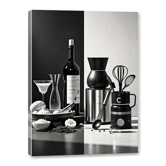 Kitchen Theme Canvas Wall Art Framed Canvas Prints Paintings Poster Black and White Wall Art for Kitchen Dining Room Restaurant Bar Hotel Bedroom Living Room Home Office Wall Decor 12x16 Inch