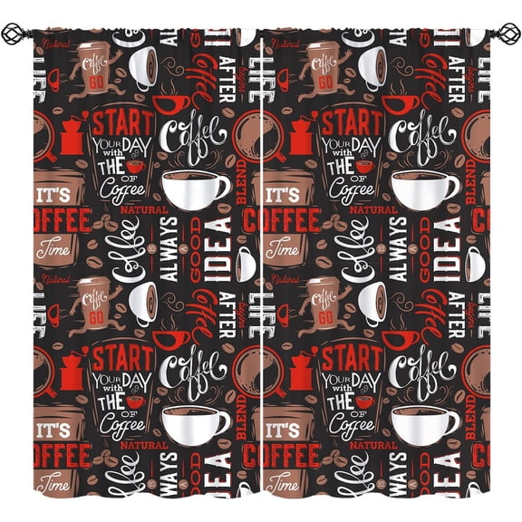 Kitchen Theme Curtains, Abstract Letters Espresso Machine Cupcakes Beans Pattern Window Treatments, Rod Pocket Thermal Insulated Drapes 2 Panel Sets for Bedroom Living Room, 42" W X 54" L