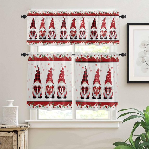 Kitchen Tier Curtains and Valance Set, Happy Valentine''s Day Gnomes with Love Heart Valance Curtain and Tiers Set for Living Room Cafe,Light Filtering Rod Pocket Window Curtain Set 3 Piece