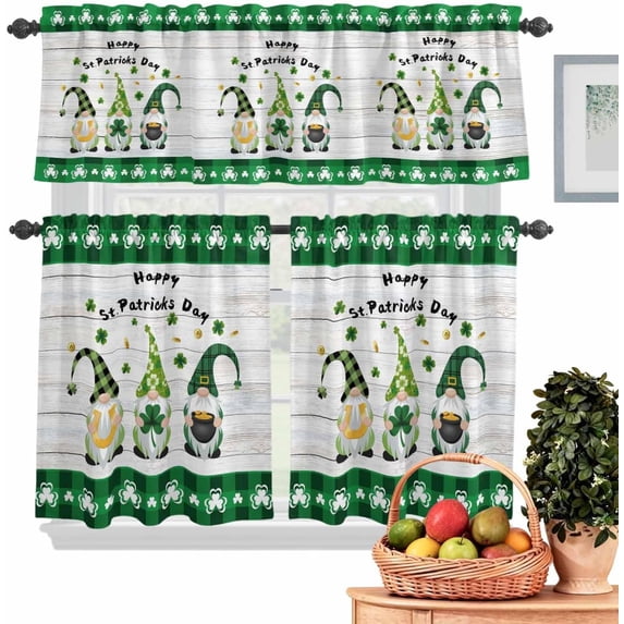 Kitchen Tier and Valance Curtains Set,St. Patrick''s Day Dwarf Gold Coin Green Clovers 3 Piece Rod Pocket Curtain Valances Short Drapes Country White Plank Window Tiers for Bedroom Bathroom De