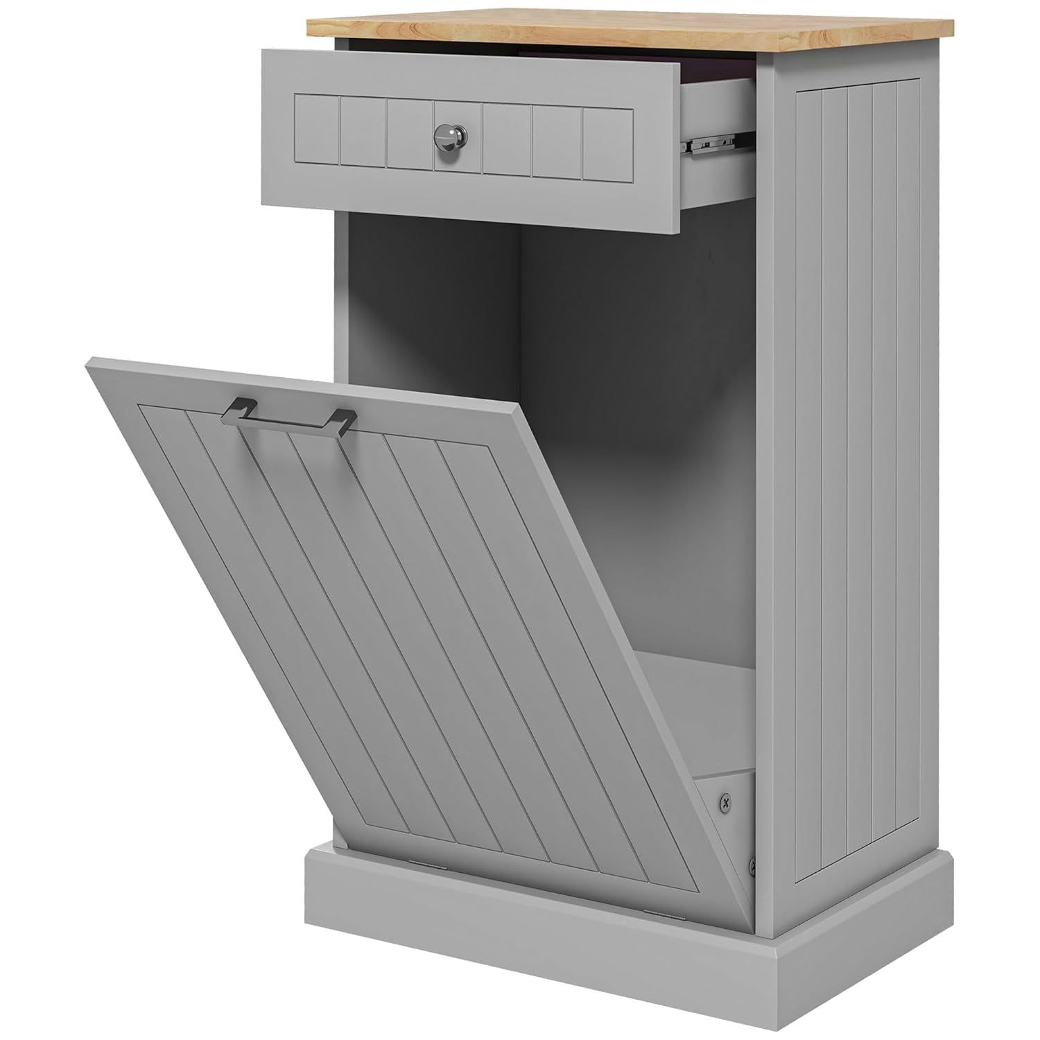 Gray Oak Kitchen Tilt Out Trash Bin Cabinet with Drawer