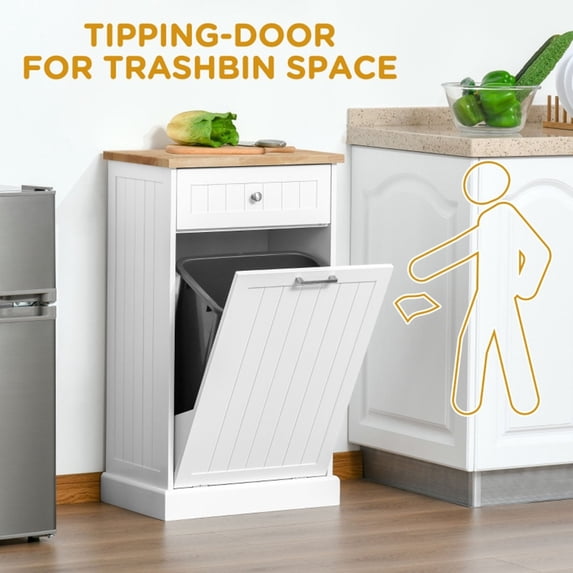 Kitchen Tilt Out Trash Cabinet,Free Standing Recycling Cabinet Trash Can Holder With Drawer,Wooden Kitchen Trash Can Cabinet,White