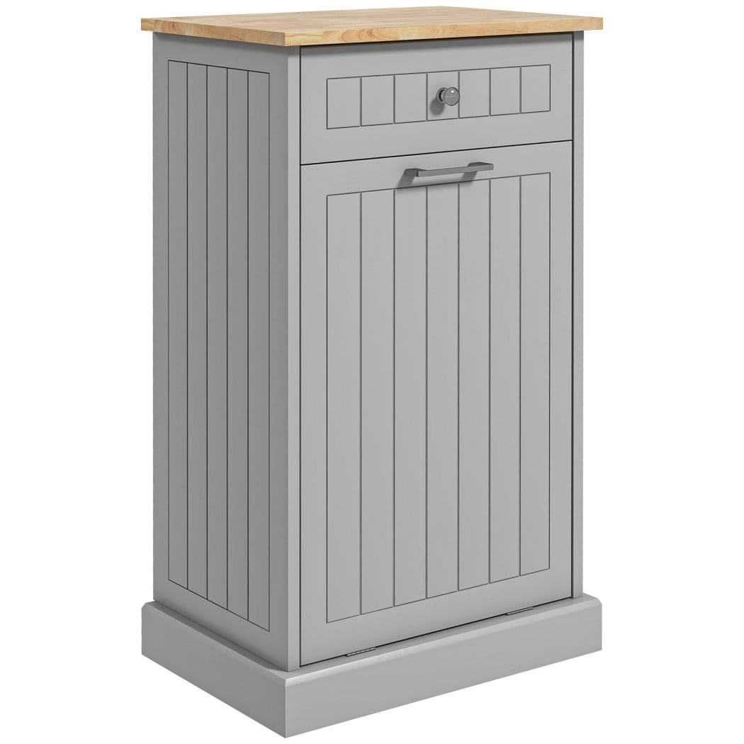 Kitchen Tilt Out Trash Cabinet, Freestanding Garbage Can Storage with Drawer, Recycling Cabinet with Anti-Tip Design, Gray