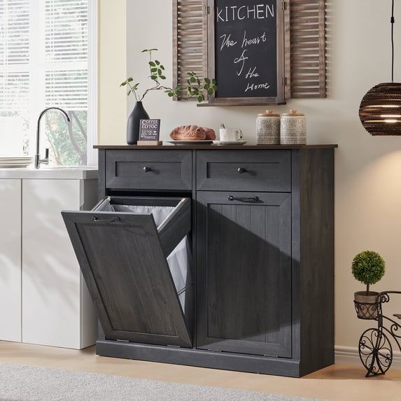 SinCiDo Kitchen Double Tilt Out Trash Can Cabinet, 20 Gallon Farmhouse Wooden Trash Garbage Can with Drawer