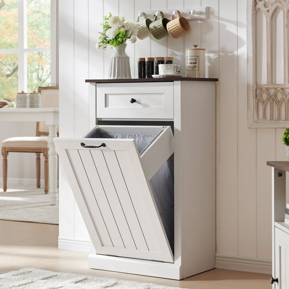 SinCiDo Kitchen Tilt Out Trash Can Cabinet, 10 Gallon Farmhouse Wooden Trash Garbage Can with Drawer