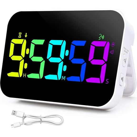 Kitchen Timer for Cooking, Rechargeable Digital Magnetic with Large LED Display, Loud Alarm, Sound Countdown, 4 Volume Levels and 3 Brightness Classroom, Study (RGB)